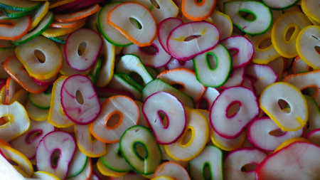 A vibrant close-up shot of raw donut-shaped crackers with colorful edges filling the frame showcasing their unique texture and bright hues in a full-frame compositionの写真素材