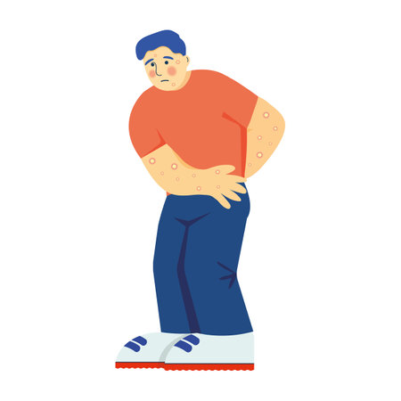 Sick Person with fever with high temperature. Man with thermometer in your mouth. Symptoms of COVID-19 coronavirus, monkey pox, flu. disease, illness. Man unwell. healthcare. vector illustrationのイラスト素材