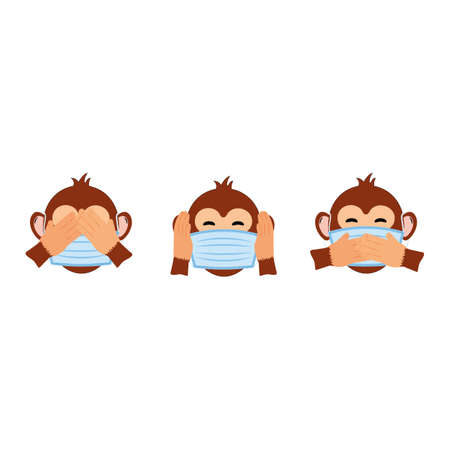 Three monkeys show how to wear face masks during the COVID 19 pandemicのイラスト素材