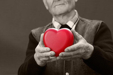 Closeup, cropped, black white portrait, hands senior, elderly, man, grandfather holding red heart in hands, isolated dark background. Human emotions, expressions. Old people health. Love, compassionの写真素材