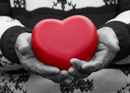 Closeup, cropped, black white image, hands senior, elderly woman, grandmother holding red heart in hands, isolated. Human emotions, attitude. Old people health. Love, compassion, mother, parentの写真素材