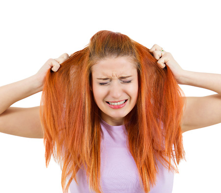 Closeup portrait, headshot stressed, angry woman, pulling her hair out crying, having temper tantrum isolated white background  Negative human emotion, facial expression, reaction attitude perceptionの写真素材