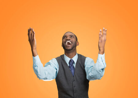 Closeup portrait excited, energetic, happy, screaming student, business man winning, arms, fists...