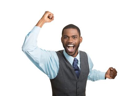 Closeup portrait excited, energetic, happy, screaming student, business man winning, arms, fists, hands pumped celebrating success isolated white background. Positive human emotion facial expressionの写真素材