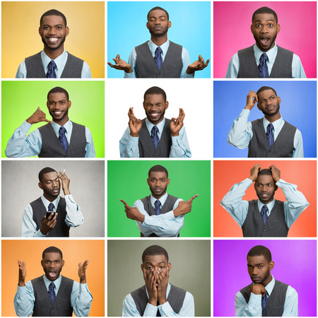 Mosaic, collage young handsome business man expressing different emotions, facial expressions feeling on different color background. Human life perception body language gestures. Mood, behavior swingsの写真素材