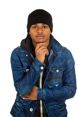 Closeup portrait handsome young man, posing fashion model, dressed in jeans, hoodie isolated white...