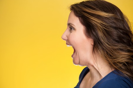 Side view profile portrait beautiful angry woman screaming wide open mouth isolated on yellow background. の写真素材