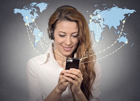 Modern communication technology mobile phone high tech, wide web connection concept. Business woman...