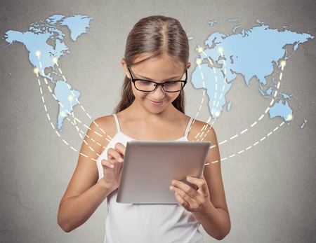 Modern communication technology mobile pad computer high tech, wide web connection concept. Girl...