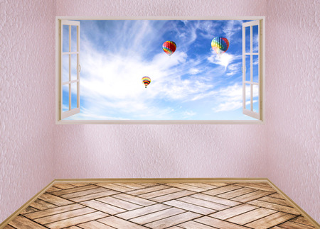 Room with open window and dreamland day light blue sky with air balloons, skyline view clouds outside outdoors. Happiness freedom escape life perception carefree success peace of mind wellness conceptの写真素材
