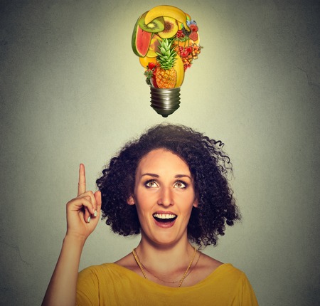 Eating healthy idea and diet tips concept. Closeup portrait headshot woman looking up light bulb...
