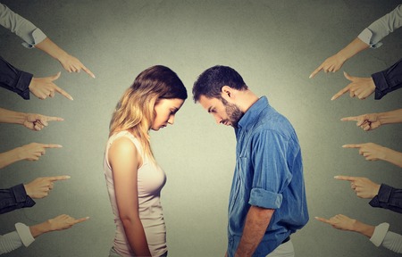 Marriage relationship difficulties concept. Accusation of guilty people. Side profile sad upset...