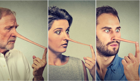 People with long nose isolated on grey wall background. Liar concept. Human face expressions, emotions, feelings.の写真素材