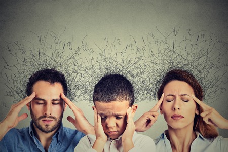 Closeup portrait sad young woman, man and child with worried stressed face expression and brain...