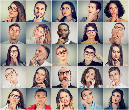 Multiethnic group of thoughtful men and woman. People's thoughts concept 