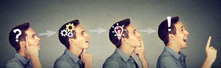Emotional intelligence. Side view sequence of a man thoughtful, thinking, finding solution with gear...