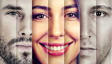 Collage of a happy beautiful woman in-between two serious men の写真素材
