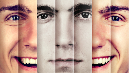 Happy man hiding sad emotions 