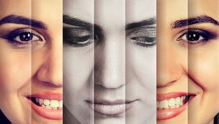 Young woman in depression pretending to be happy having split personality. の写真素材