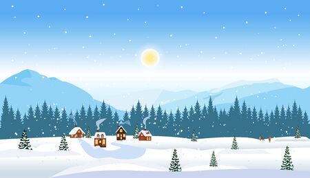 Vector of a winter countryside landscape with pines and houses and mountains on the background のイラスト素材
