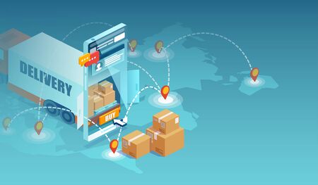 Online delivery. Vector concept of internet shopping and worldwide shipping logistics using modern technology appのイラスト素材