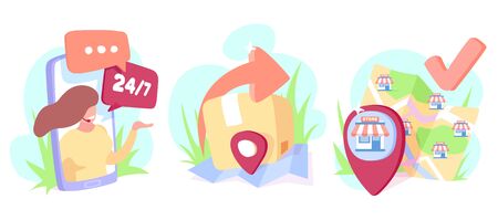 Online shop, delivery of products and customer support via modern technology concept のイラスト素材