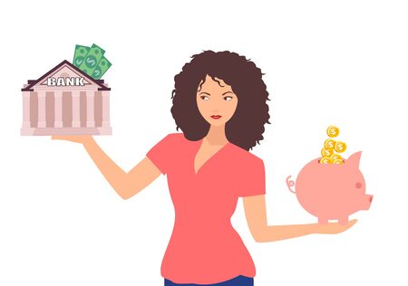 Vector of a woman deciding how to manage savings bank deposit or save the money in piggy bankのイラスト素材