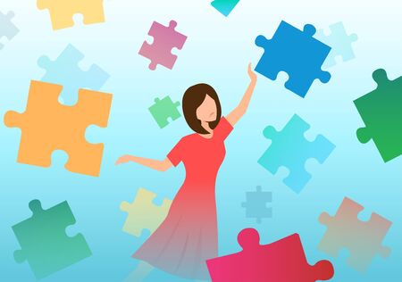 Vector of a confused sad woman trying to assemble puzzle pieces.のイラスト素材
