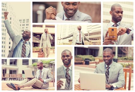 Collage of a lifestyle of a young successful busy businessman using mobile phone, laptop and walking...