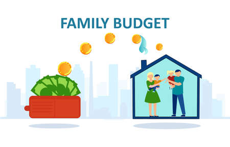 Family budget concept. Vector of a happy family inside a house and money being transferred from walletのイラスト素材