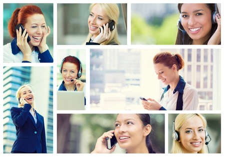 Call center service and happy clients concept. Collage of customer support or sales agents and successful business womenの写真素材