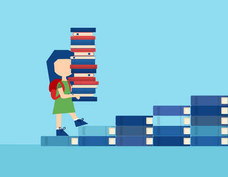 Vector of a little girl carrying a pile of textbooks while walking on the stairs made of books.のイラスト素材
