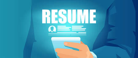 Vector of a businessman recruiter reviewing online job application, candidate resumeのイラスト素材