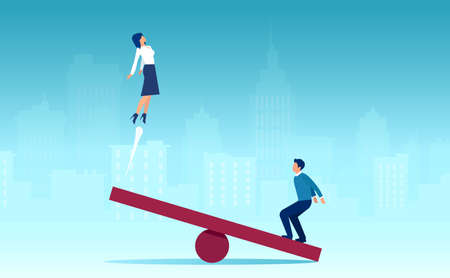 Vector of a man jumping on a seesaw helping a business woman to fly up on the other sideのイラスト素材