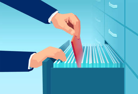 Vector of an office clerk a businessman pulling out red folder from a file cabinet drawerのイラスト素材