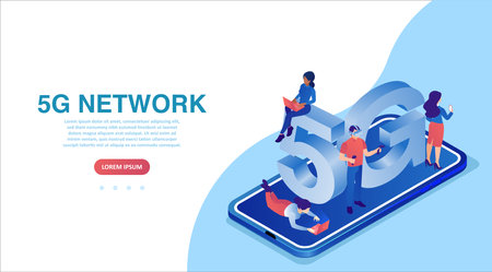 Vector of a smartphone with 5G symbol and people using mobile gadgets with high speed internet.のイラスト素材
