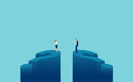 Vector of a businessman and businesswoman standing on big question marks and looking at each otherのイラスト素材