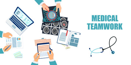 Vector of a group of doctors working at desk as a team on patient diagnosis and treatmentのイラスト素材