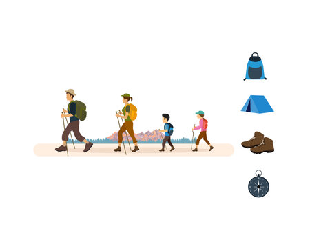 Vector of a young family tourists with backpacks hiking on a nature landscape backgroundのイラスト素材