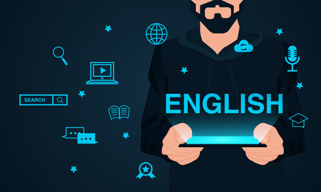 Learning English with new technology concept. Vector of a man holding a tablet computerのイラスト素材