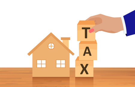Vector of a house and a businessman composing the word tax from wooden cubesのイラスト素材