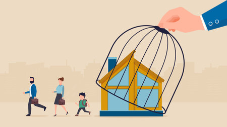 Vector of a big hand lifting a cage of a house letting young family to go back to work and school after coronavirus lockdownのイラスト素材