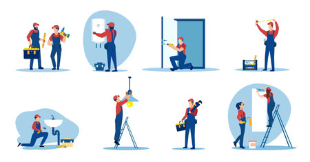Vector set of repair people, plumbers, electricians, painter renovating an apartmentのイラスト素材