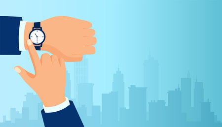 Vector of a businessman hand checking time on a cityscape background.のイラスト素材