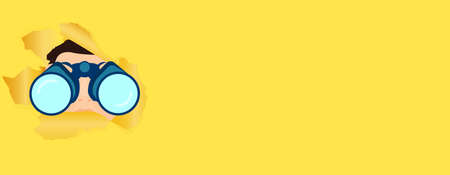 Vector of a woman with binoculars looking through a torn hole in a yellow paperのイラスト素材