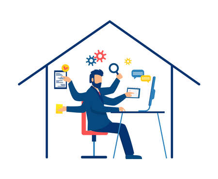 Vector of a multitasking business man working from homeのイラスト素材