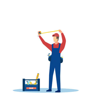 Vector of a handyman in uniform taking measurementsのイラスト素材