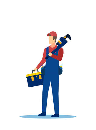 Vector of a handyman with tool box and a wrench isolated on white backgroundのイラスト素材
