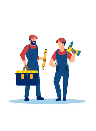 Vector of two handymen with tools isolated on white backgroundのイラスト素材