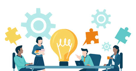 Vector of a business team brainstorming new idea sitting at office table